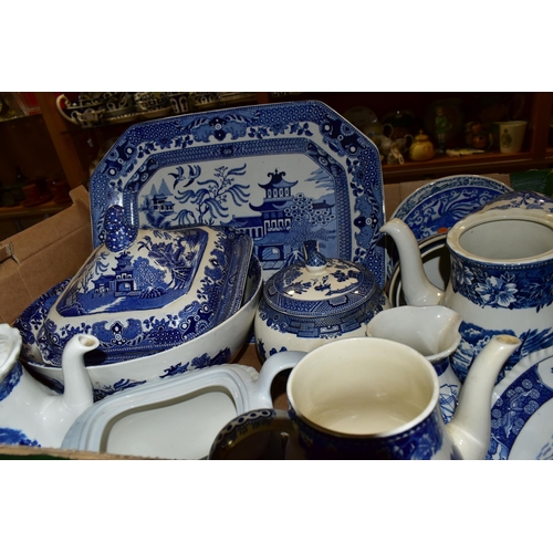 409 - TWO BOXES OF BLUE AND WHITE DINNER WARES, to include Burleigh Ware 'Willow' pattern mugs, Wedgwood '... 