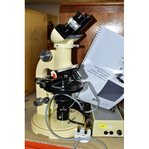 416 - WILD HEERBRUGG M11 BINOCULAR MICROSCOPE, complete with wooden box Kohler lamp and power supply? unte... 