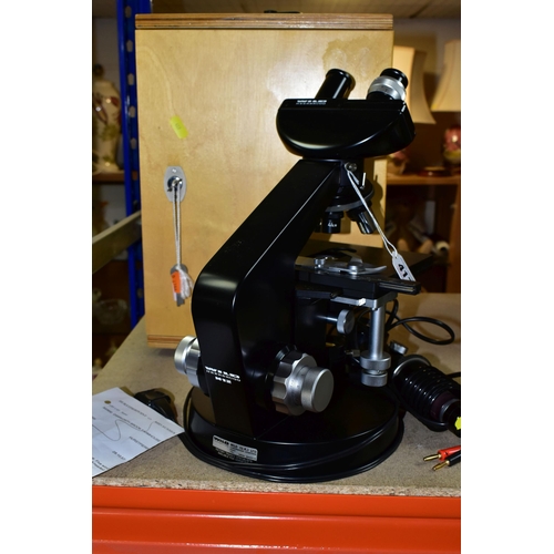 417 - WILD HEERBRUGG BINOCULAR M12 MICROSCOPE, complete wooden box and Wild Kohler lamp, untested (1)