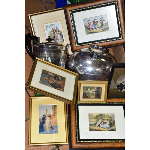 421 - A BOX OF FRAMED BAXTER PRINTS AND PLATED WARES, comprising seven framed and glazed Baxter prints, de... 