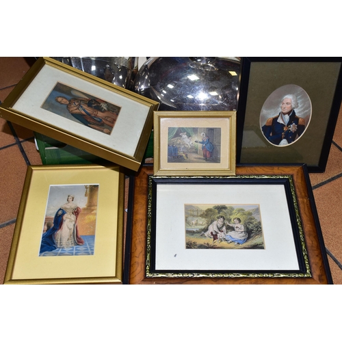 421 - A BOX OF FRAMED BAXTER PRINTS AND PLATED WARES, comprising seven framed and glazed Baxter prints, de... 