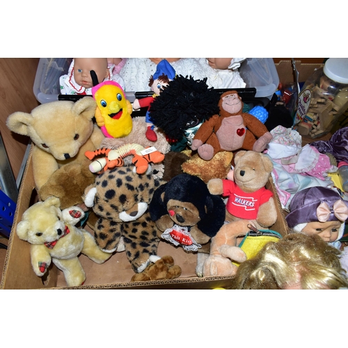 423 - THREE BOXES OF TOYS AND GAMES, to include late twentieth century dolls by Pedigree and others, teddi... 