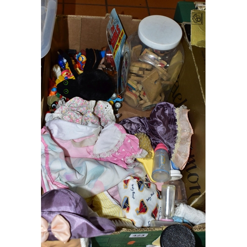 423 - THREE BOXES OF TOYS AND GAMES, to include late twentieth century dolls by Pedigree and others, teddi... 