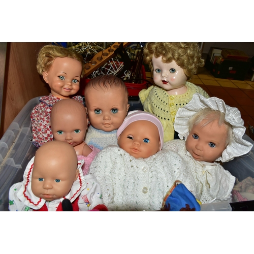 423 - THREE BOXES OF TOYS AND GAMES, to include late twentieth century dolls by Pedigree and others, teddi... 