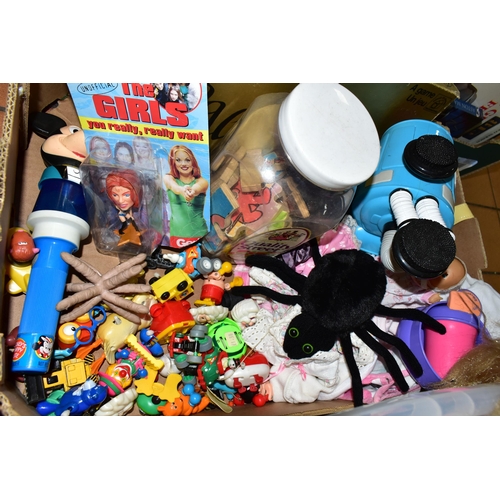 423 - THREE BOXES OF TOYS AND GAMES, to include late twentieth century dolls by Pedigree and others, teddi... 