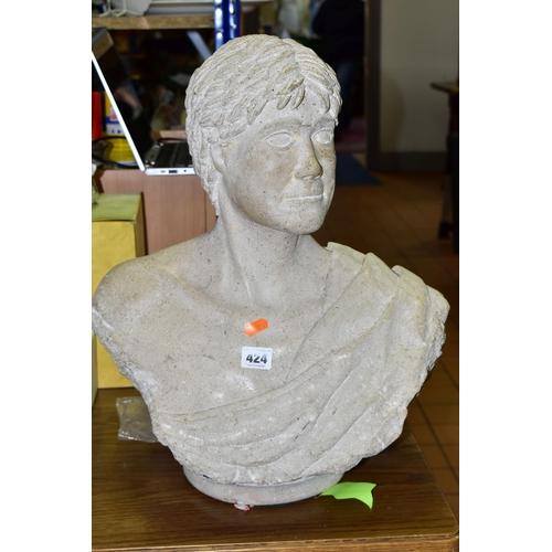 424 - A RECONSTITUTED STONE BUST, of a young man, on a socle base, approximate height 50cm, heavy (1) (Con... 