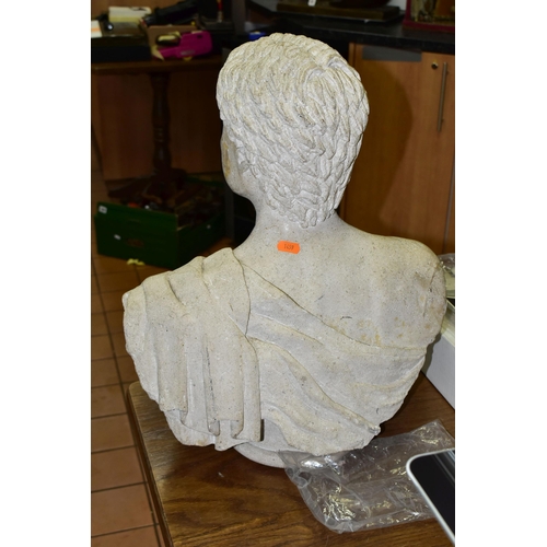 424 - A RECONSTITUTED STONE BUST, of a young man, on a socle base, approximate height 50cm, heavy (1) (Con... 