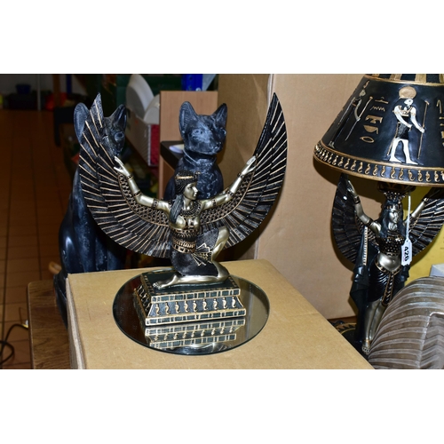 426 - A GROUP OF EGYPTIAN THEMED HOMEWARES, comprising a boxed resin figure of a kneeling woman wearing wi... 