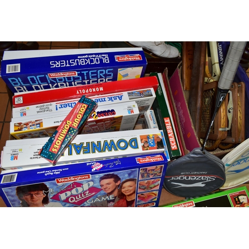 427 - TWO BOXES AND LOOSE GAMES AND SPORTS EQUIPMENT, twelve boxed games to include Cluedo, Monopoly, Gues... 