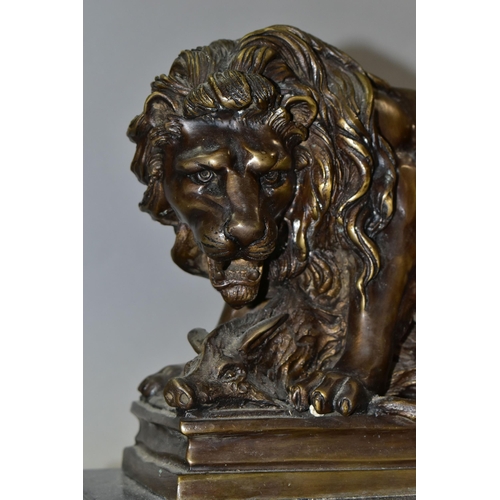 430 - A BRONZE STUDY OF A LION, seated with its kill - a wild boar, on a marble plinth, length 30cm x dept... 