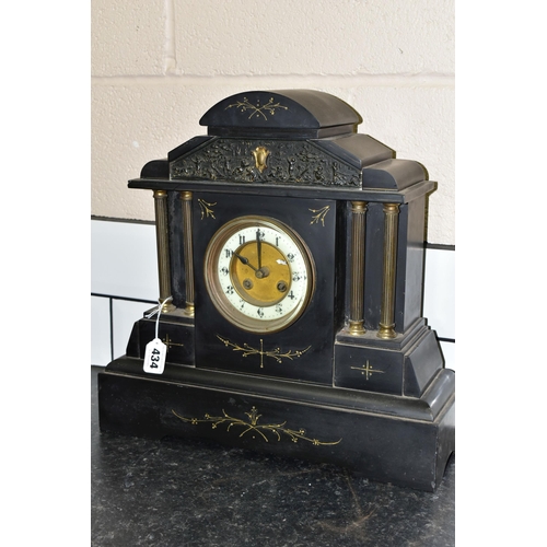 434 - TWO CLOCKS, comprising a Victorian black slate mantel clock of architectural form, chapter ring havi... 