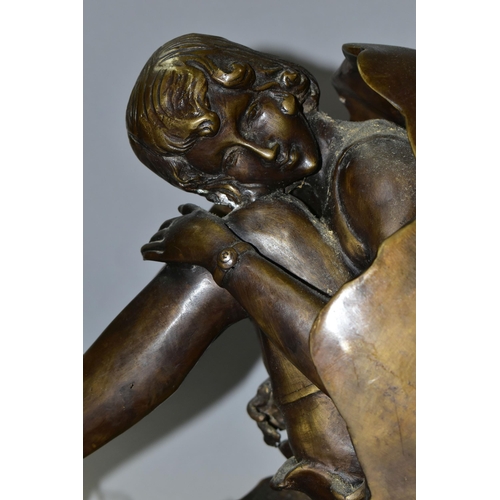 435 - A BRONZE STUDY OF A WOMAN, in high heels, emerging from an egg, on a marble plinth, width 47cm x dep... 