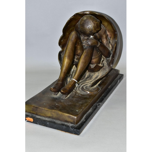 435 - A BRONZE STUDY OF A WOMAN, in high heels, emerging from an egg, on a marble plinth, width 47cm x dep... 