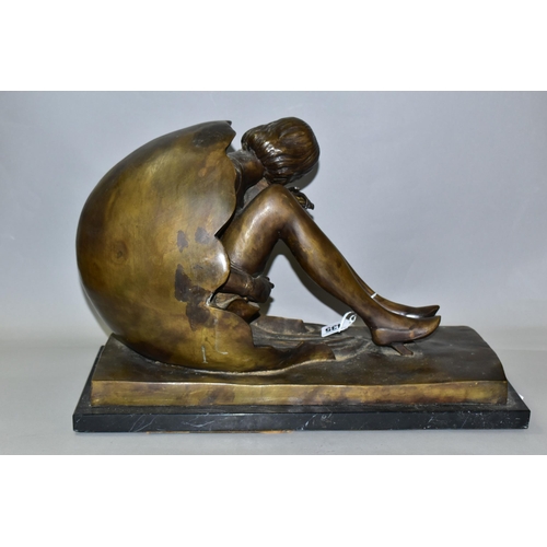 435 - A BRONZE STUDY OF A WOMAN, in high heels, emerging from an egg, on a marble plinth, width 47cm x dep... 