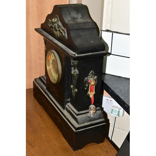 436 - A BLACK SLATE MANTEL CLOCK, the unsigned dial having a uranium glass chapter ring with Arabic numera... 