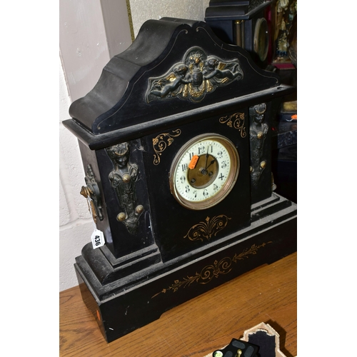 436 - A BLACK SLATE MANTEL CLOCK, the unsigned dial having a uranium glass chapter ring with Arabic numera... 