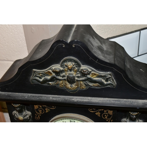 436 - A BLACK SLATE MANTEL CLOCK, the unsigned dial having a uranium glass chapter ring with Arabic numera... 