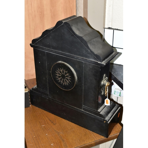 436 - A BLACK SLATE MANTEL CLOCK, the unsigned dial having a uranium glass chapter ring with Arabic numera... 