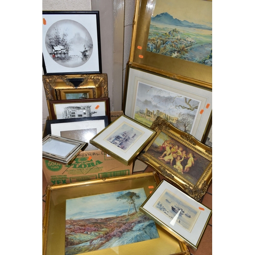 443 - A BOX AND LOOSE PAINTINGS AND PRINTS ETC, to include two early 20th Century landscape watercolours s... 