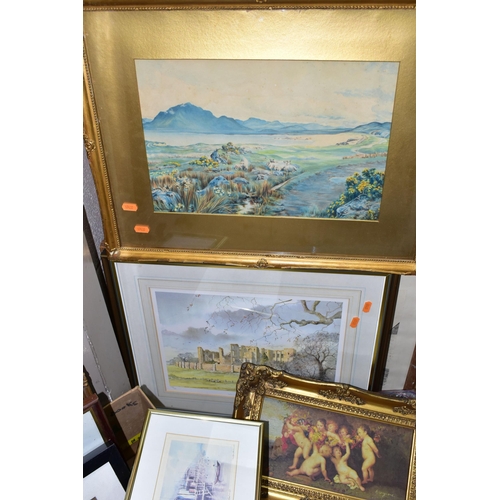 443 - A BOX AND LOOSE PAINTINGS AND PRINTS ETC, to include two early 20th Century landscape watercolours s... 