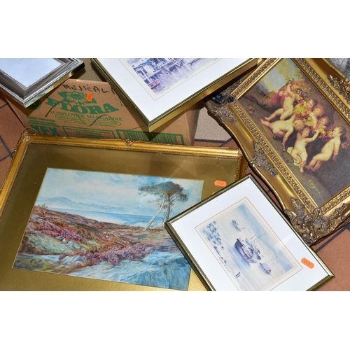 443 - A BOX AND LOOSE PAINTINGS AND PRINTS ETC, to include two early 20th Century landscape watercolours s... 