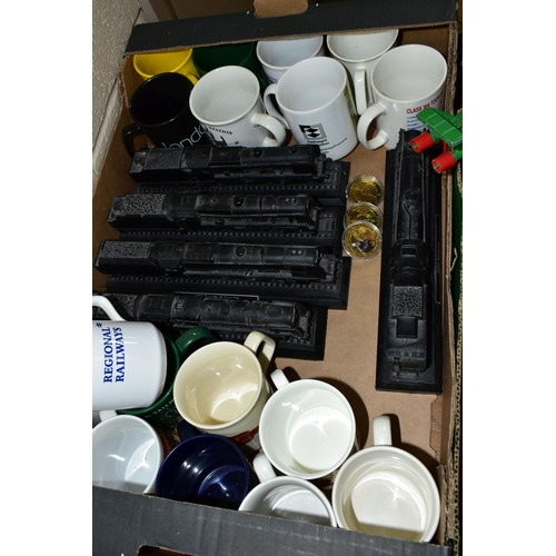 444 - TWO BOXES OF COLLIER ROW CARVED STEAM ENGINES AND A COLLECTION OF BRITISH RAILWAY MUGS, to include  ... 