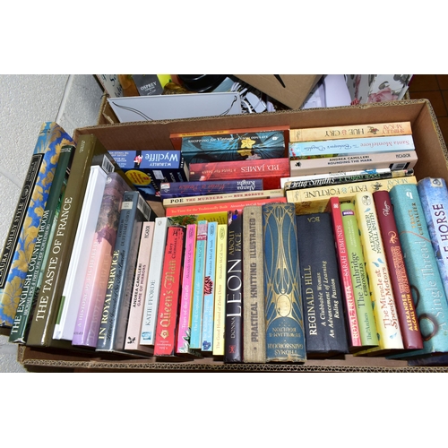 445 - FIVE BOXES OF BOOKS AND HOUSEHOLD SUNDRIES, to include approximately fifty books of assorted titles,... 