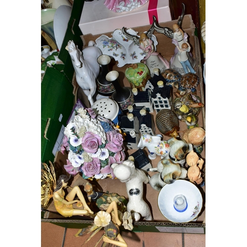 446 - THREE BOXES OF CERAMICS AND ORNAMENTS, to include eight Blue Delft  KLM- BOLS houses, a Shelley vase... 