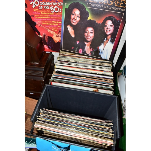 447 - ONE BOX OF LP RECORDS AND A VINTAGE SINGER SEWING MACHINE, to include over one hundred L.P records d... 