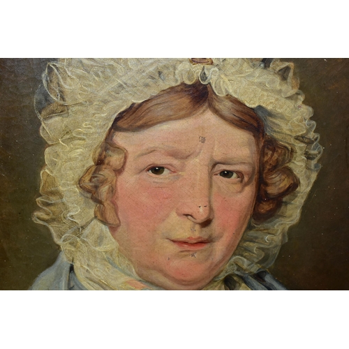 448 - A MID 19TH CENTURY HEAD AND SHOULDERS PORTRAIT OF A FEMALE FIGURE, she wears a lace bonnet on her he... 