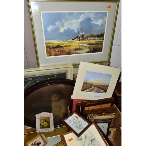 449 - A BOX OF PAINTINGS AND PRINTS ETC, to include J. Cotsworth still life study of flowers signed and da... 