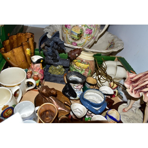 450 - THREE BOXES OF CERAMICS, COLLECTOR'S PLATES AND MIRRORS, to include three vintage wall mirrors, fram... 