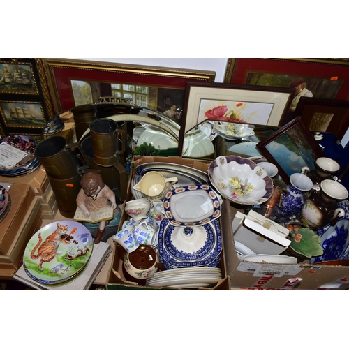 450 - THREE BOXES OF CERAMICS, COLLECTOR'S PLATES AND MIRRORS, to include three vintage wall mirrors, fram... 