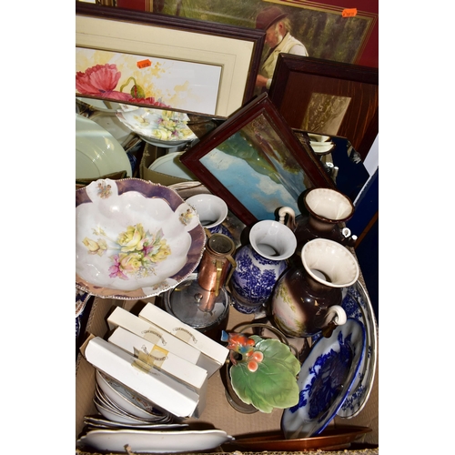 450 - THREE BOXES OF CERAMICS, COLLECTOR'S PLATES AND MIRRORS, to include three vintage wall mirrors, fram... 