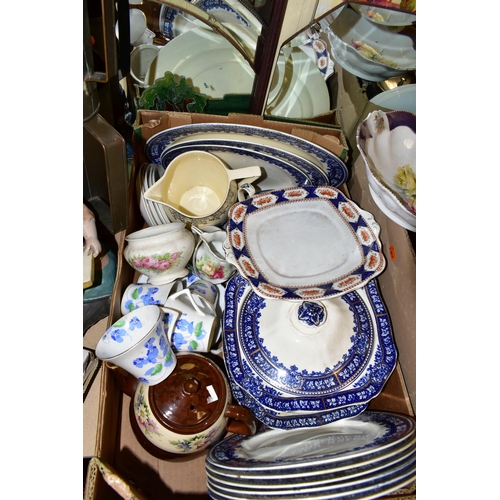 450 - THREE BOXES OF CERAMICS, COLLECTOR'S PLATES AND MIRRORS, to include three vintage wall mirrors, fram... 