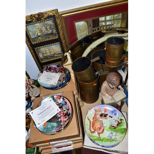 450 - THREE BOXES OF CERAMICS, COLLECTOR'S PLATES AND MIRRORS, to include three vintage wall mirrors, fram... 