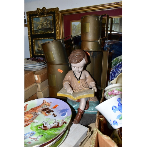 450 - THREE BOXES OF CERAMICS, COLLECTOR'S PLATES AND MIRRORS, to include three vintage wall mirrors, fram... 