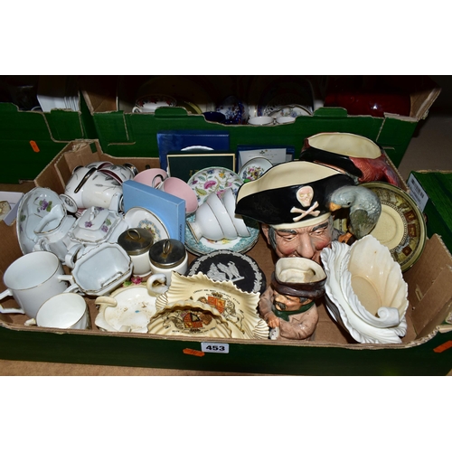 453 - SIX BOXES OF CERAMICS AND HOUSEHOLD ORNAMENTS, to include a Royal Doulton 'Countess' pattern berry d... 