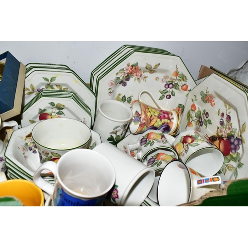 453 - SIX BOXES OF CERAMICS AND HOUSEHOLD ORNAMENTS, to include a Royal Doulton 'Countess' pattern berry d... 