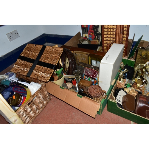 454 - EIGHT BOXES OF ASSORTED HOUSEHOLD SUNDRIES, to include a Morphy Richards bread maker, a vintage Seam... 