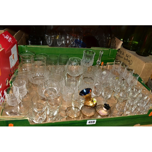 459 - FOUR BOXES OF GLASSWARE, to include a boxed green glass lemonade set,  a boxed set of six wine glass... 