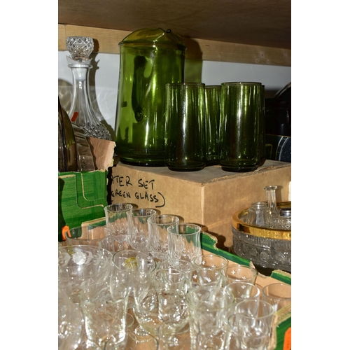 459 - FOUR BOXES OF GLASSWARE, to include a boxed green glass lemonade set,  a boxed set of six wine glass... 