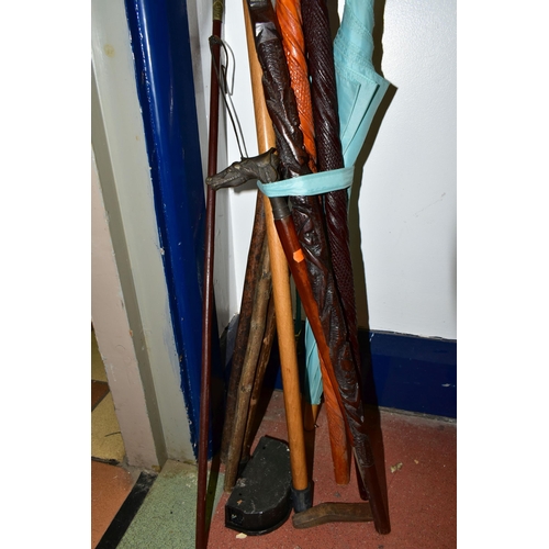 463 - A COLLECTION OF WALKING STICKS, HORSE CROP AND SWAGGER STICK, comprising a miliary swagger stick wit... 