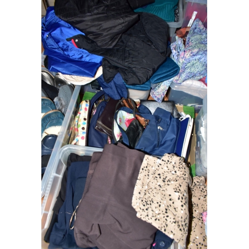 465 - EIGHT BOXES OF LADIES CLOTHING AND ACCESSORIES ETC, to include jumpers, blouses, trousers, scarfs, s... 