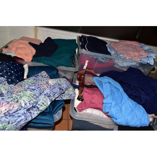 465 - EIGHT BOXES OF LADIES CLOTHING AND ACCESSORIES ETC, to include jumpers, blouses, trousers, scarfs, s... 