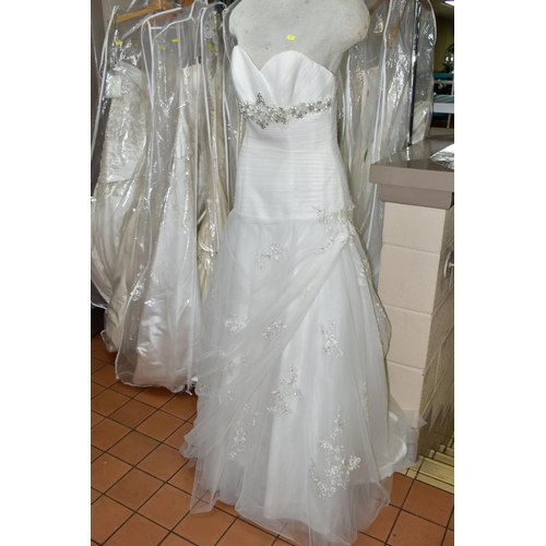 472 - THIRTEEN WEDDING DRESSES, retail stock clearance (some may have marks or very light damage) varying ... 