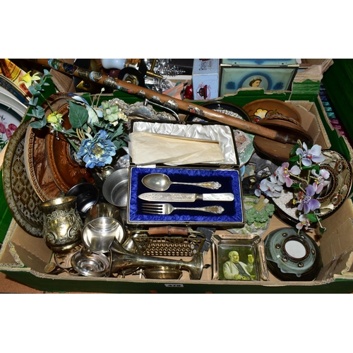 479 - SEVEN BOXES AND LOOSE CERAMICS, METALWARES, CDS AND MISCELLANEOUS ITEMS, to include a small box of v... 