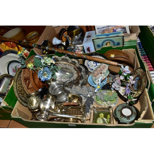 479 - SEVEN BOXES AND LOOSE CERAMICS, METALWARES, CDS AND MISCELLANEOUS ITEMS, to include a small box of v... 