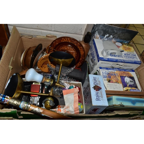 479 - SEVEN BOXES AND LOOSE CERAMICS, METALWARES, CDS AND MISCELLANEOUS ITEMS, to include a small box of v... 