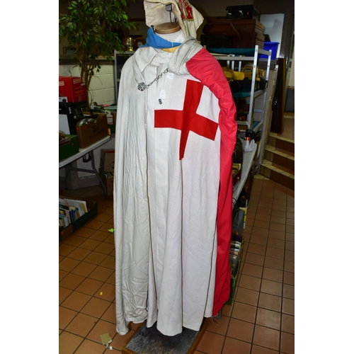 480 - A REPLICA KNIGHTS TEMPLAR TUNIC AND CLOAK, together with enamel  Knights Templar patriarchal cross a... 